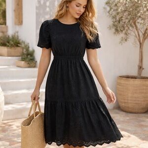 Valentina Naldi Black Eyelet Midi Dress Puff Sleeve Cotton Tiered Dress Size M